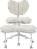 Meditation Chair Plus, Teddy Fleece Double-Layer Padding Cross Legged Rolling Chair for ADHD, Criss Cross Desk Chair with Lumbar Support, Adjustable Stool, Flexible for Fidgety Sitters, Ivory