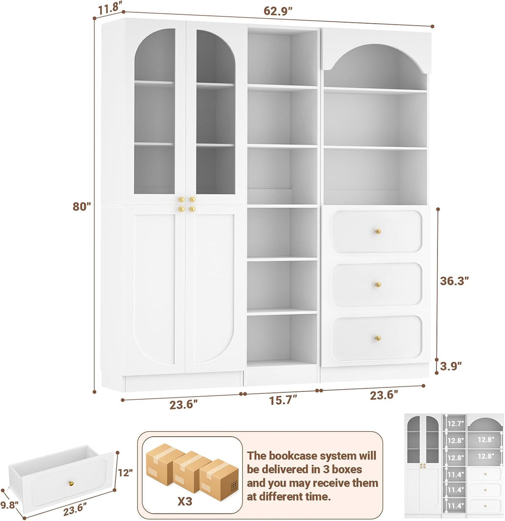 Cyclysio 80" Tall Pantry System with Tempered Glass Doors, Arched Corner Pantries with 3 Drawers, Wooden Cupboard with 6-Tier Open Shelves for Living Room