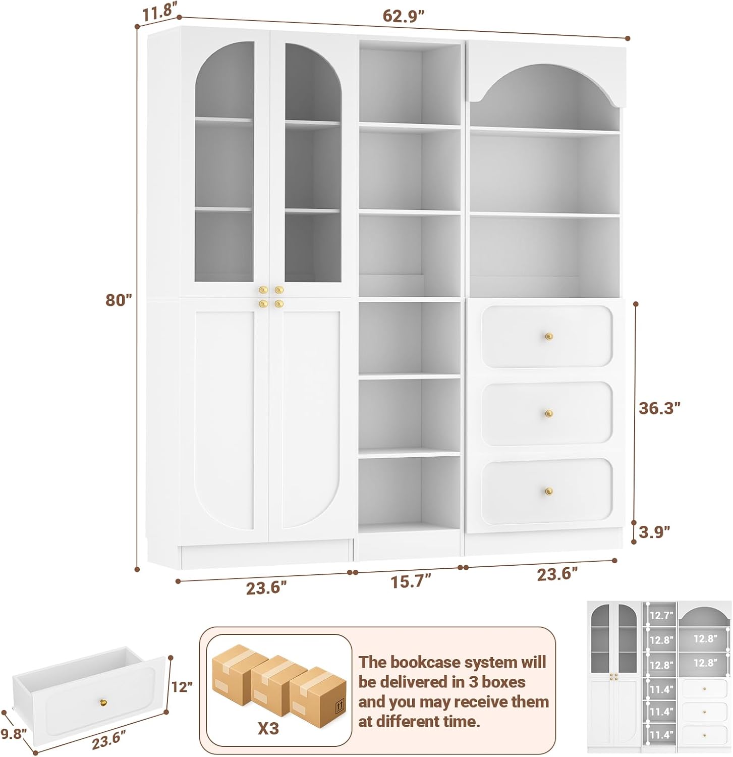 Cyclysio 80" Tall Pantry System with Tempered Glass Doors, Arched Corner Pantries with 3 Drawers, Wooden Cupboard with 6-Tier Open Shelves for Living Room