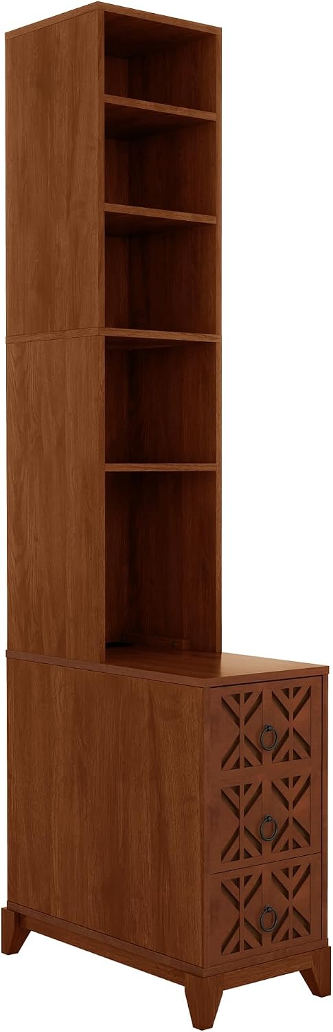 Mirightone 71" Tall End Table with 3-Drawer and Shelves, Narrow Side Table with Charging Station, High Slim Corner Cabinet Bedside Table with Storage Bookcase for Living Room Bedroom, Walnut