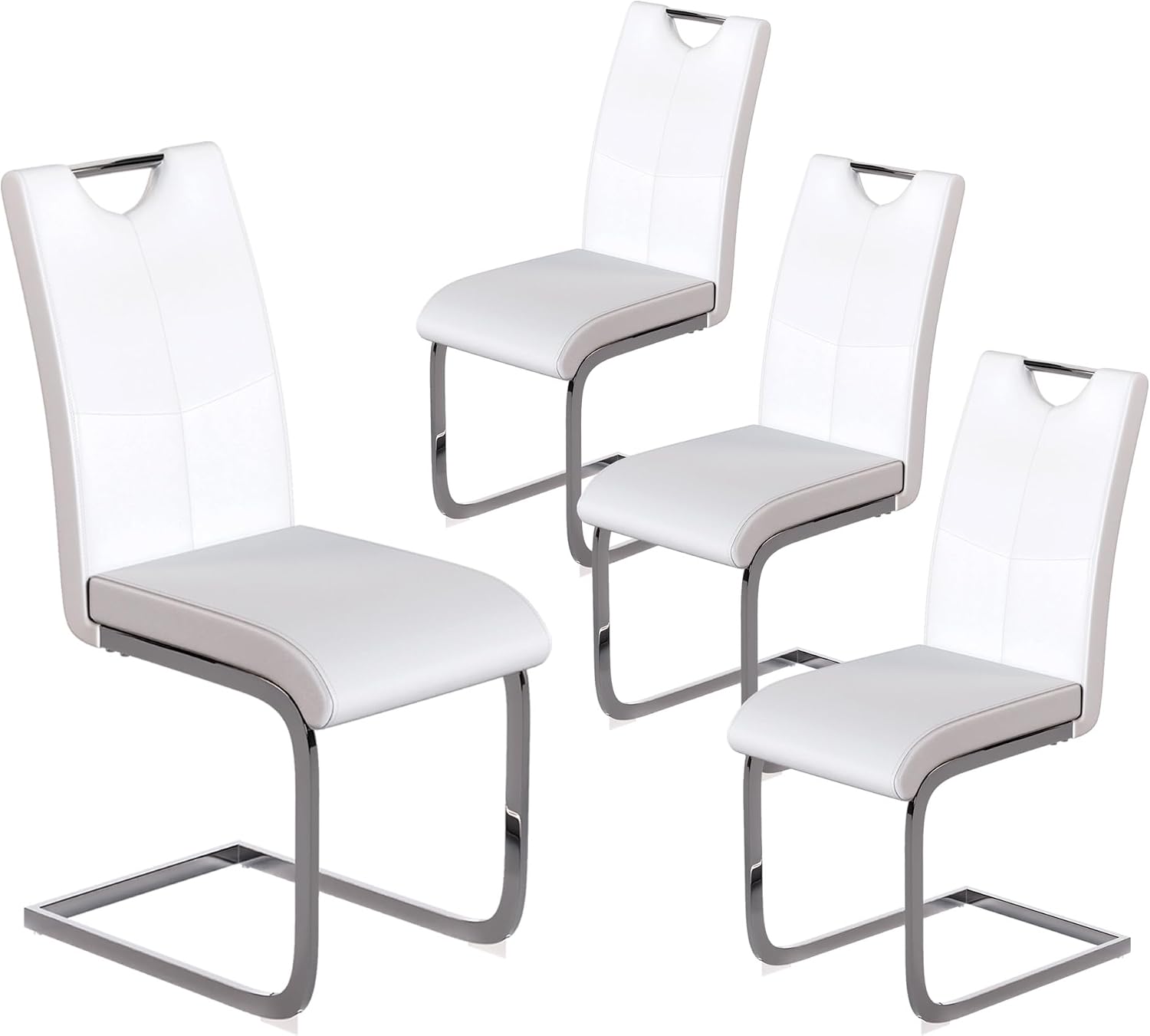 Off-White Dining Chairs Set of 4, Modern High Back with Faux Leather Padded Kitchen Chair for Dining Room, Kitchen (4, White with Silver Hoop Leg)