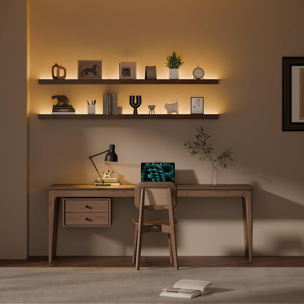 60 inch LED Gaming Floating Shelves for Wall,Solid Wood Long Wall Shelves Set of 2 with Light for Gaming Room,Walnut Rustic Wall Mounted Shelves for Living Room Bedroom Kitchen Garage