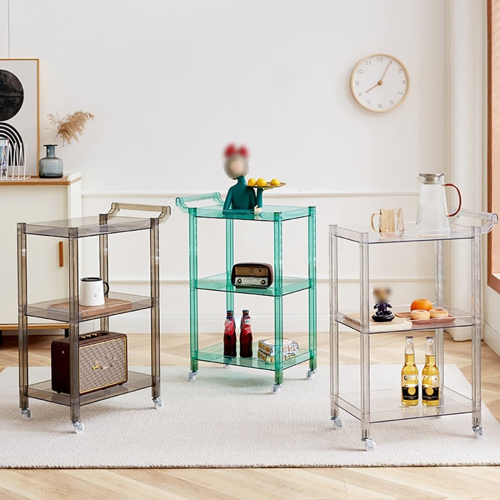 Acrylic Side Table, 3-Tier Acrylic Bar Cart with Wheels and Handle, Clear Multifunction Small Spaces Rolling Serving for Kitchen Living Room Dining Laundry(Blue)