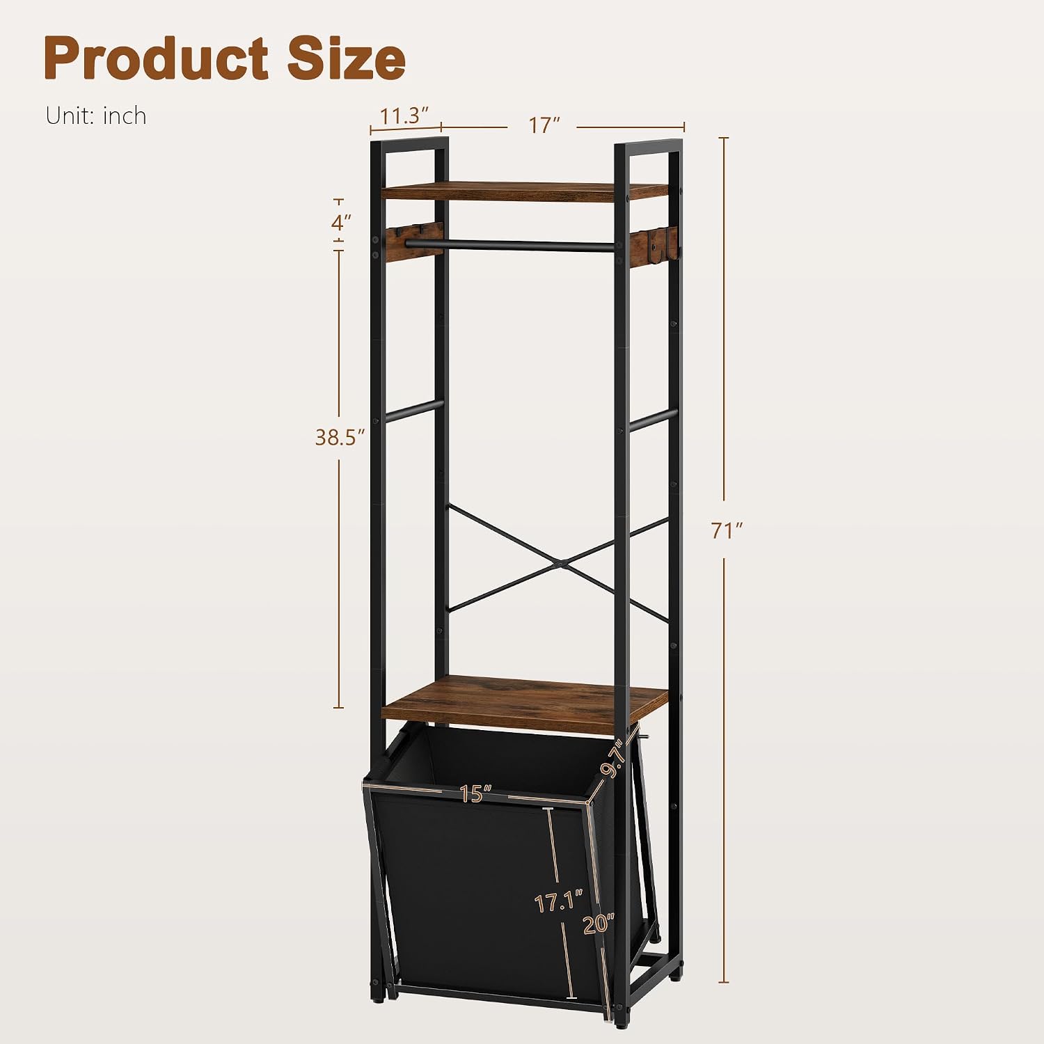 Space-Saving Coat Rack with Tilt Out Laundry Basket, Clothes Garment Rack with Shelves, X-Shaped Sturdy Structure Freestanding Hall Tree Laundry Hamper for Bedroom Laundry Room Bathroom, Brown