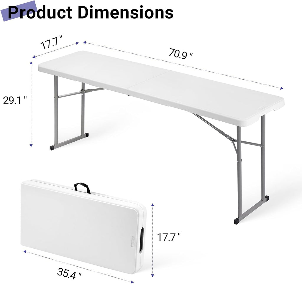 Byliable Folding Table 6FT Narrow Portable Foldable Plastic Heavy Duty Long Table, Fold-in-Half with Carrying Handle for Indoor Outdoor Meeting, Buffet, Party, Wedding, Home Work, 6 Foot, White