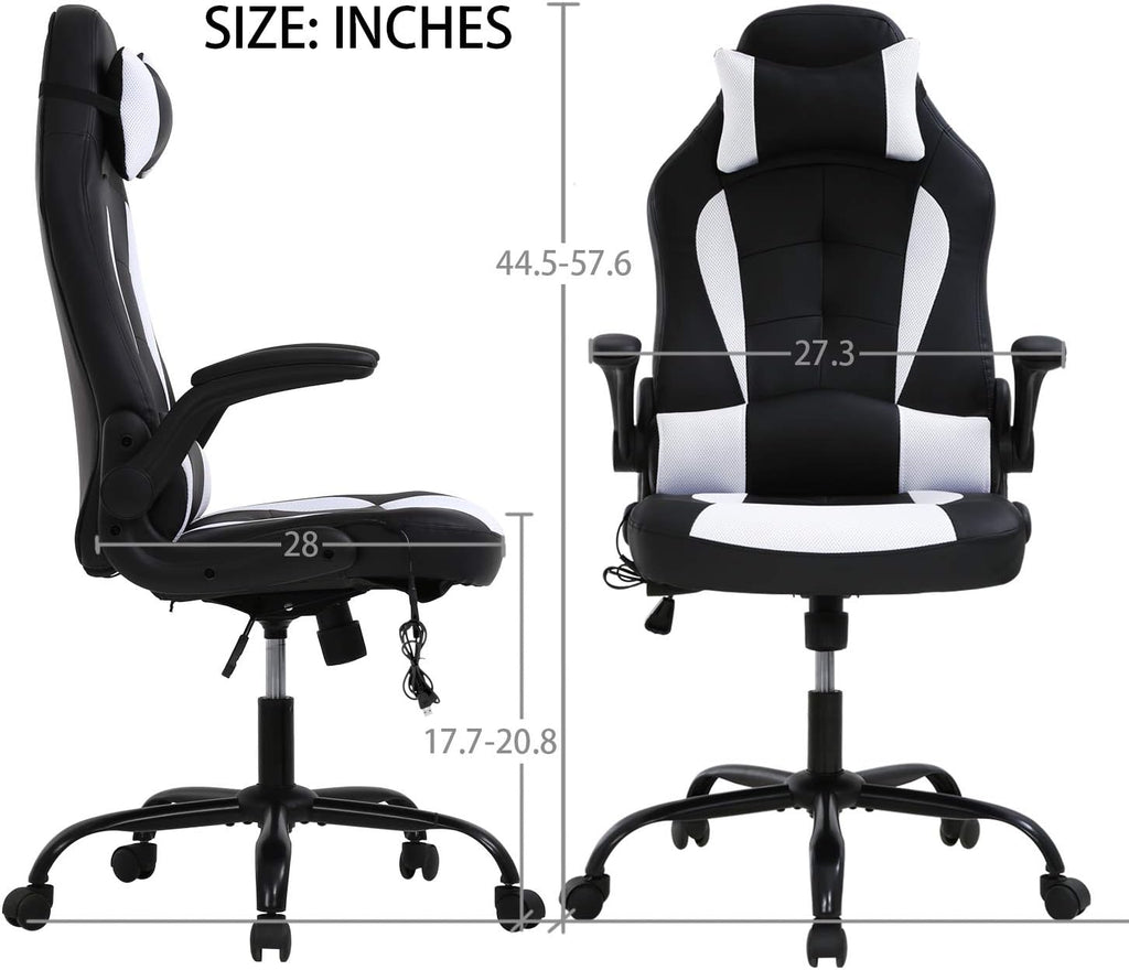 HCB Office Chair, Gaming Chair, Ergonomic Computer Desk Chair High Back Rolling Swivel Height Adjustable with Flip-Up Arms, Headrest and Lumbar Support, Massager, Leather （White）