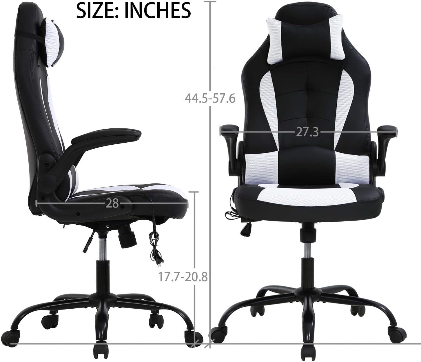 HCB Office Chair, Gaming Chair, Ergonomic Computer Desk Chair High Back Rolling Swivel Height Adjustable with Flip-Up Arms, Headrest and Lumbar Support, Massager, Leather （White）