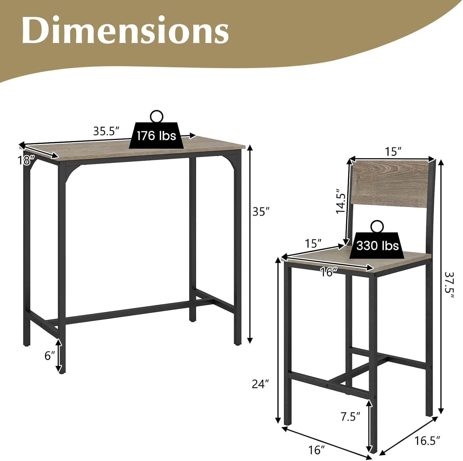 GOFLAME 3-Piece Bar Table Set, Counter Height Pub Table & 2 Barstools with Metal Frame, Industrial Space Saving Dining Set for Kitchen, Dining Room, Bistro, Restaurant, Small Space, Grey