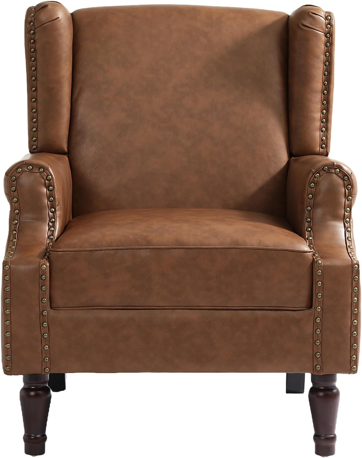High Back Accent Chair, Faux Leather Wingback Chair Upholstered Armchair for Living Room, Retro Comfy Single Sofa Bedroom Reading Seat with Solid Wood Legs - Brown