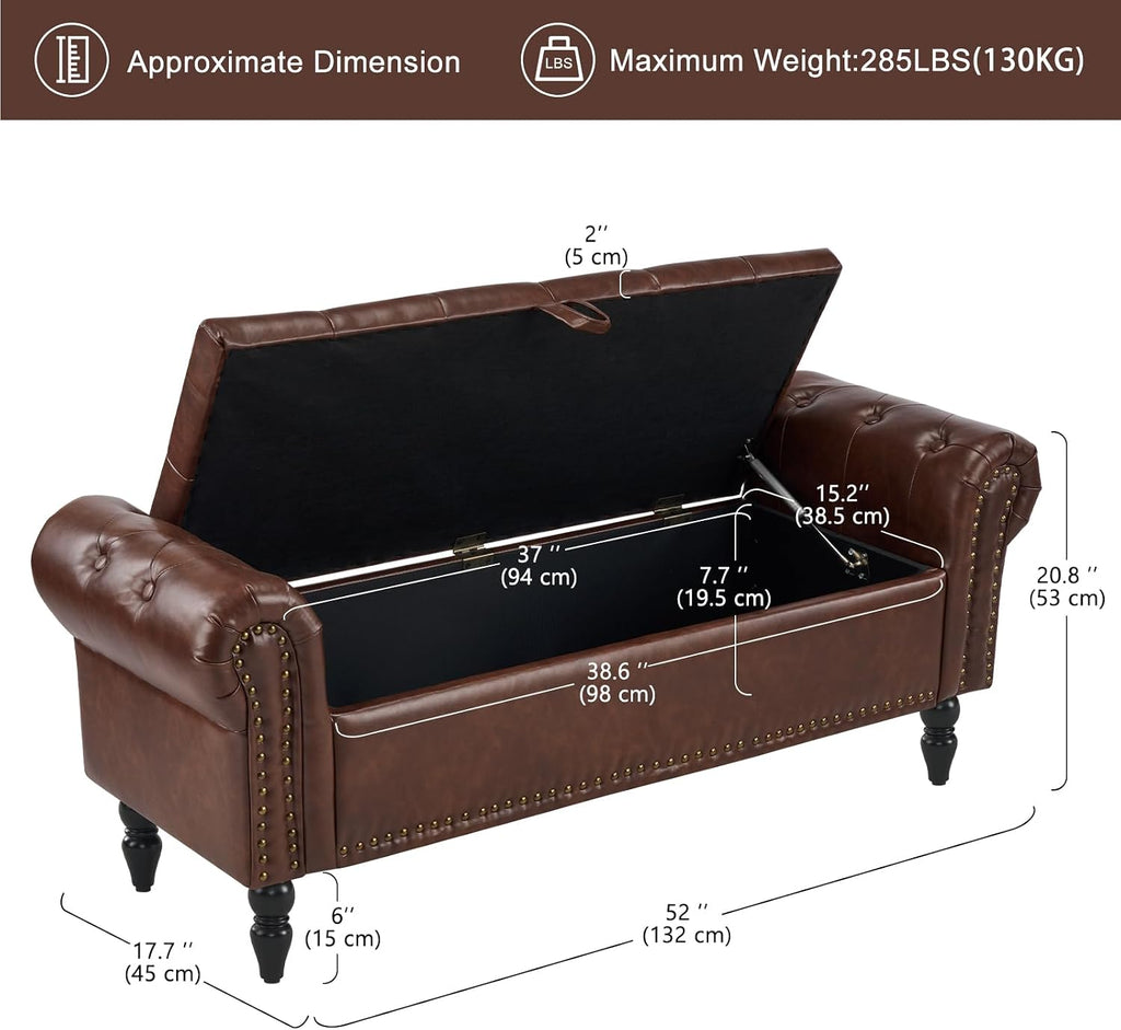 Furniliving 51” End of Bed Storage Bench, Bedroom Bench with Button-Tufted, Upholstered Storage Ottoman Benches Window Bench with Storage, Leather Bench for Living Room, Entryway, PU, Darkbrown