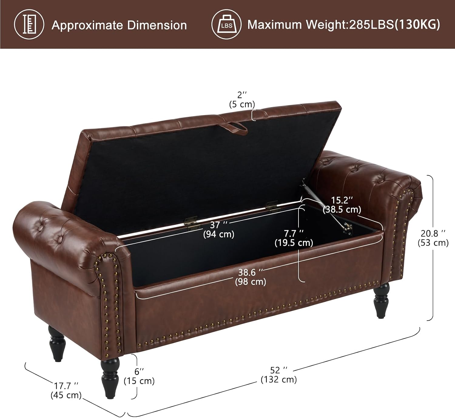 Furniliving 51” End of Bed Storage Bench, Bedroom Bench with Button-Tufted, Upholstered Storage Ottoman Benches Window Bench with Storage, Leather Bench for Living Room, Entryway, PU, Darkbrown