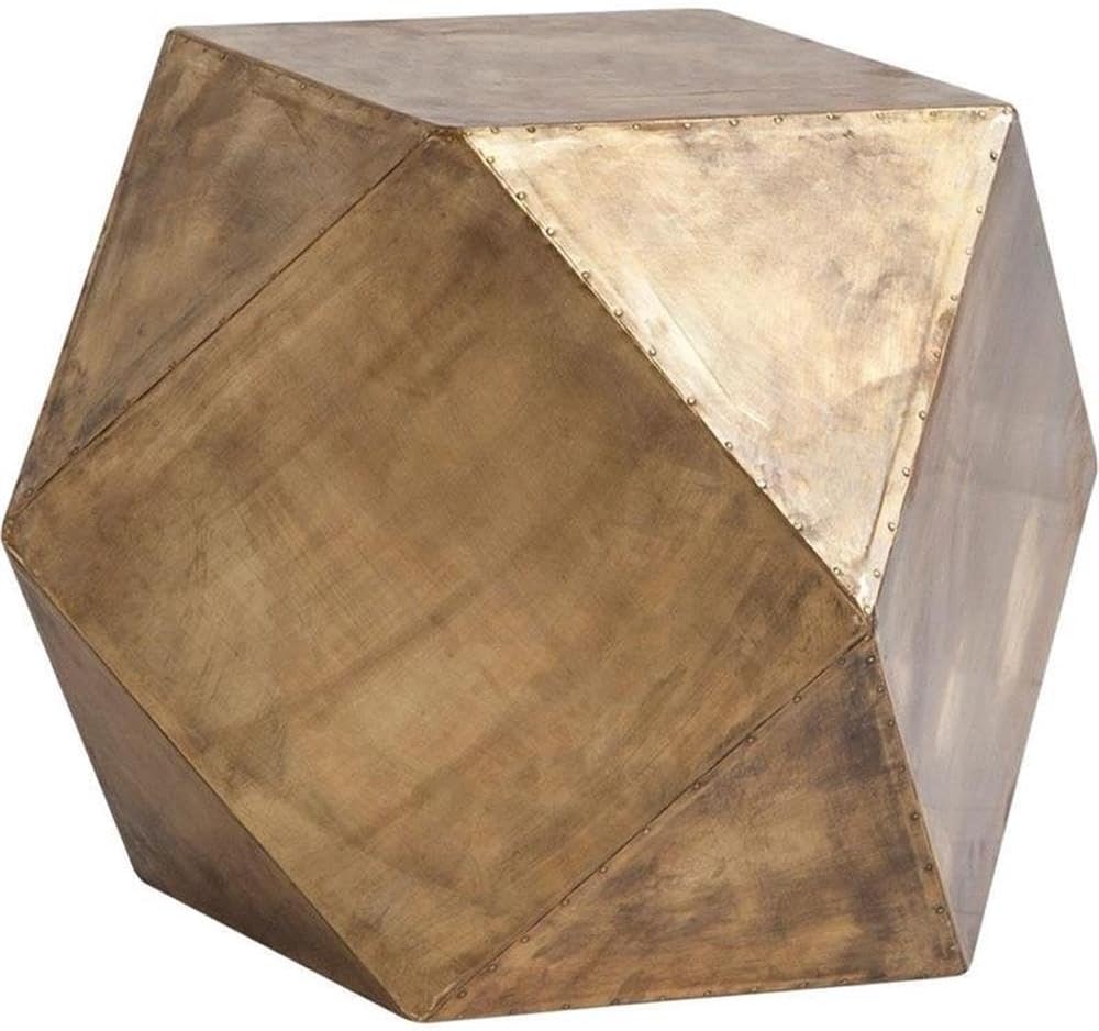 Pemberly Row Hexagonal Brass Metal Plated End/Side Table, 26"x18.5", Antiqued Bronze Finish with Nail-Head Detailing, Durable Iron Construction, Versatile Use as Stool or Accent Table for Living Room