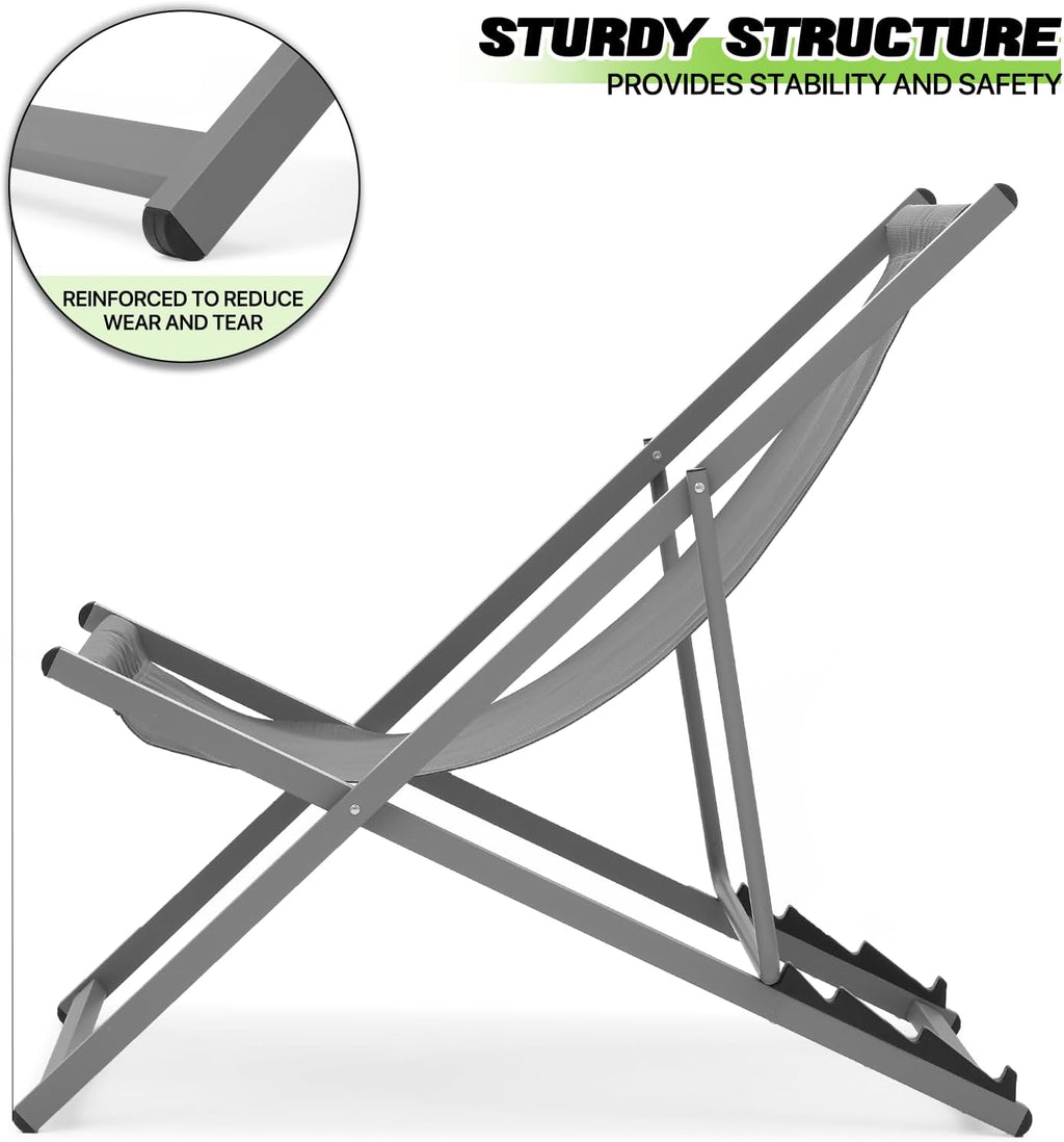 Magshion Folding Beach Sling Chairs Set of 2, 4 Level Adjustable Reclining Design, Lightweight Aluminum Frame, Portable Outdoor Chair for Backyard, Poolside and Camping, Support to 250 lbs, Gray