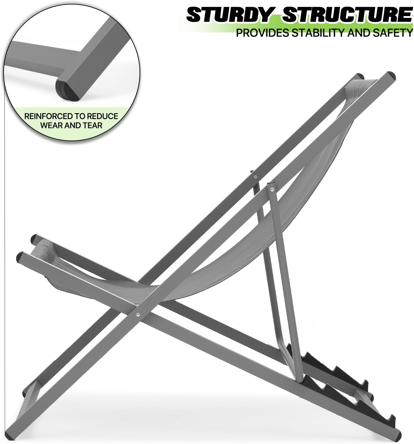 Magshion Folding Beach Sling Chairs Set of 2, 4 Level Adjustable Reclining Design, Lightweight Aluminum Frame, Portable Outdoor Chair for Backyard, Poolside and Camping, Support to 250 lbs, Gray