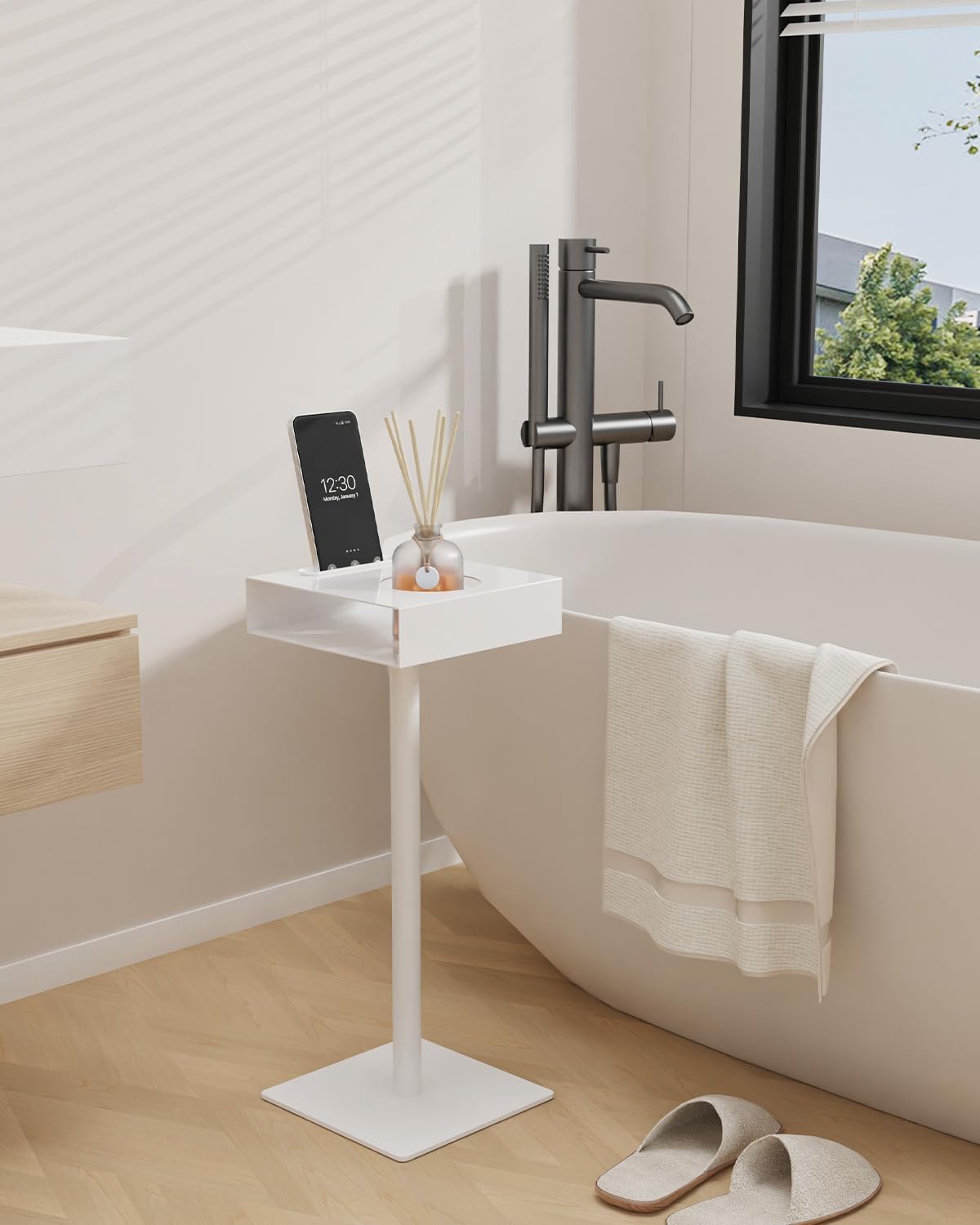 Yawinhe Small Metal Side Table,Versatile Coffee Drink Table with Weighted Base, End Table for Small Spaces with Phone Holder,Suitable for Living Room, Bedroom,7.8x7.8x21.6in,White,1 Pack,USZJ201W-1
