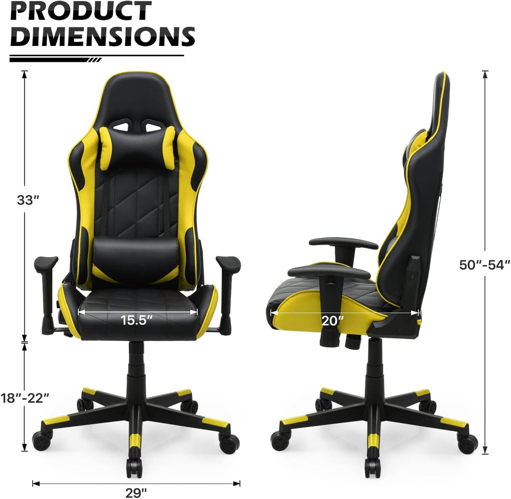 MoNiBloom Gaming Chair Racing Style High-Back Reclining Ergonomic Swivel Chair with Adjustable Headrest and Lumbar Support, PU Leather Executive Chair for Home Office Gaming, Yellow