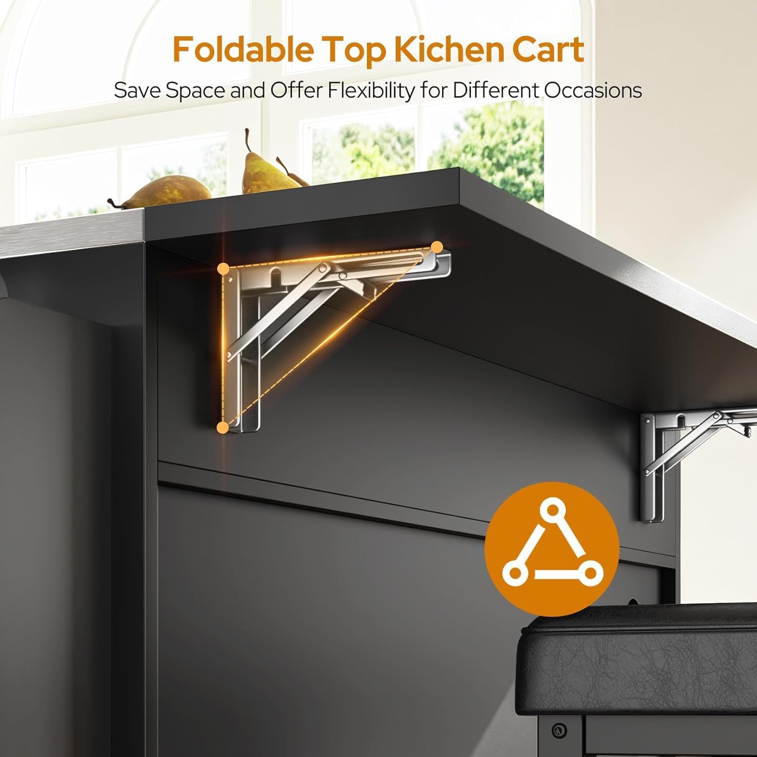 Concho 56'' Kitchen Island with Seating and Stainless Steel Countertop, Rolling Kitchen Carts on Wheels with Folding Drop Leaf, Bar Stool, Power Outlet, Spice/Towel Rack, Black