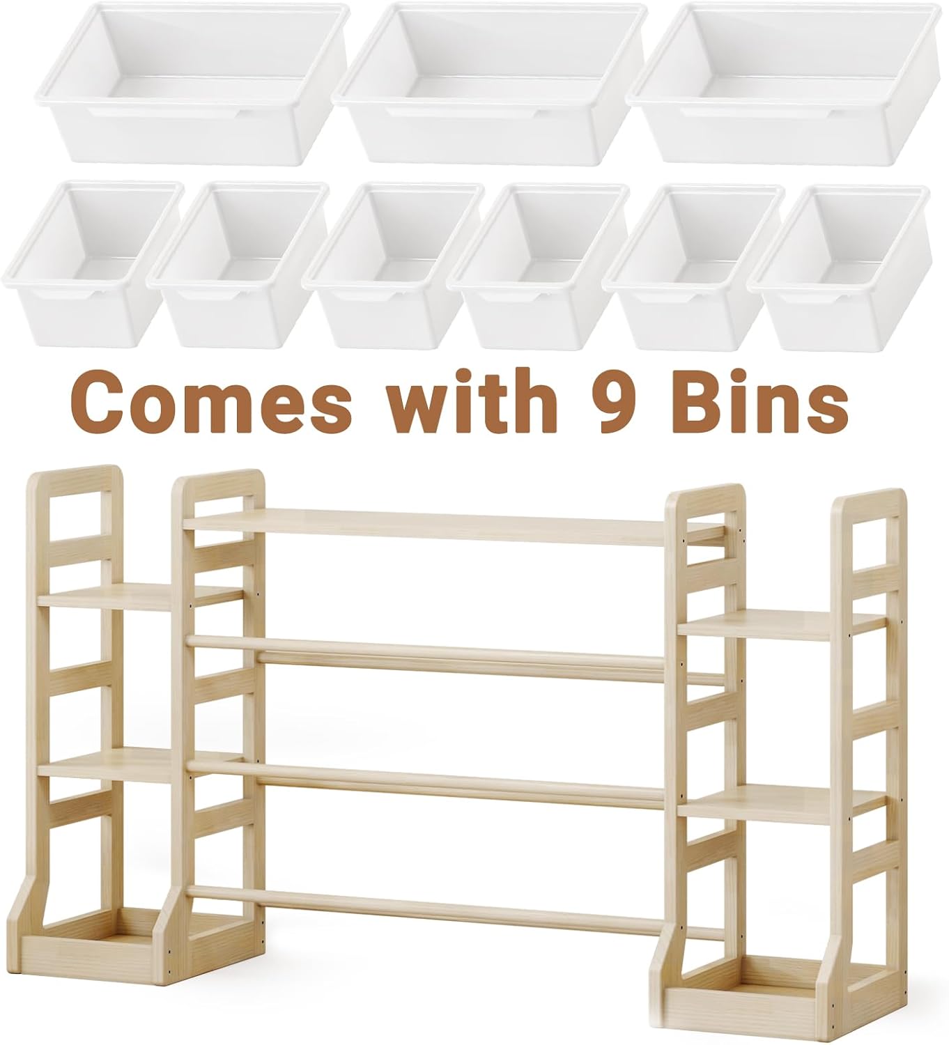 Kids Toy Storage Organizer with Bookshelf, Wooden Toy Shelf with 6 Open Shelves and 9 Removable Bins, Extended Base Sturdy Storage Cabinet for Playroom, Kids Room, Nursery Organization