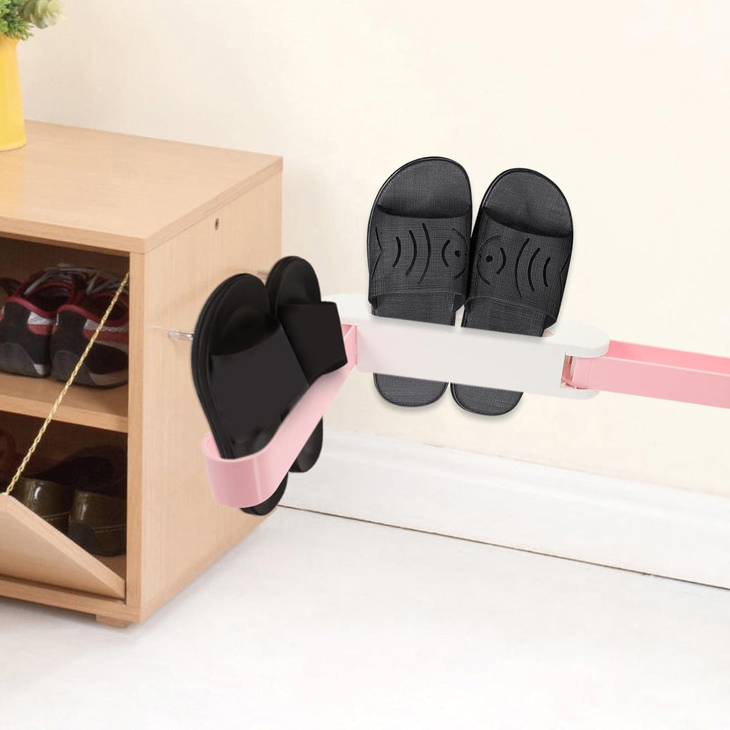 Wall Mounted Folding Shoe Rack Organizer with No Punching Installation, Pink Plastic Material, Sturdy Rails for Sandals and Shoes, Space Saving Storage for Bathroom and Families