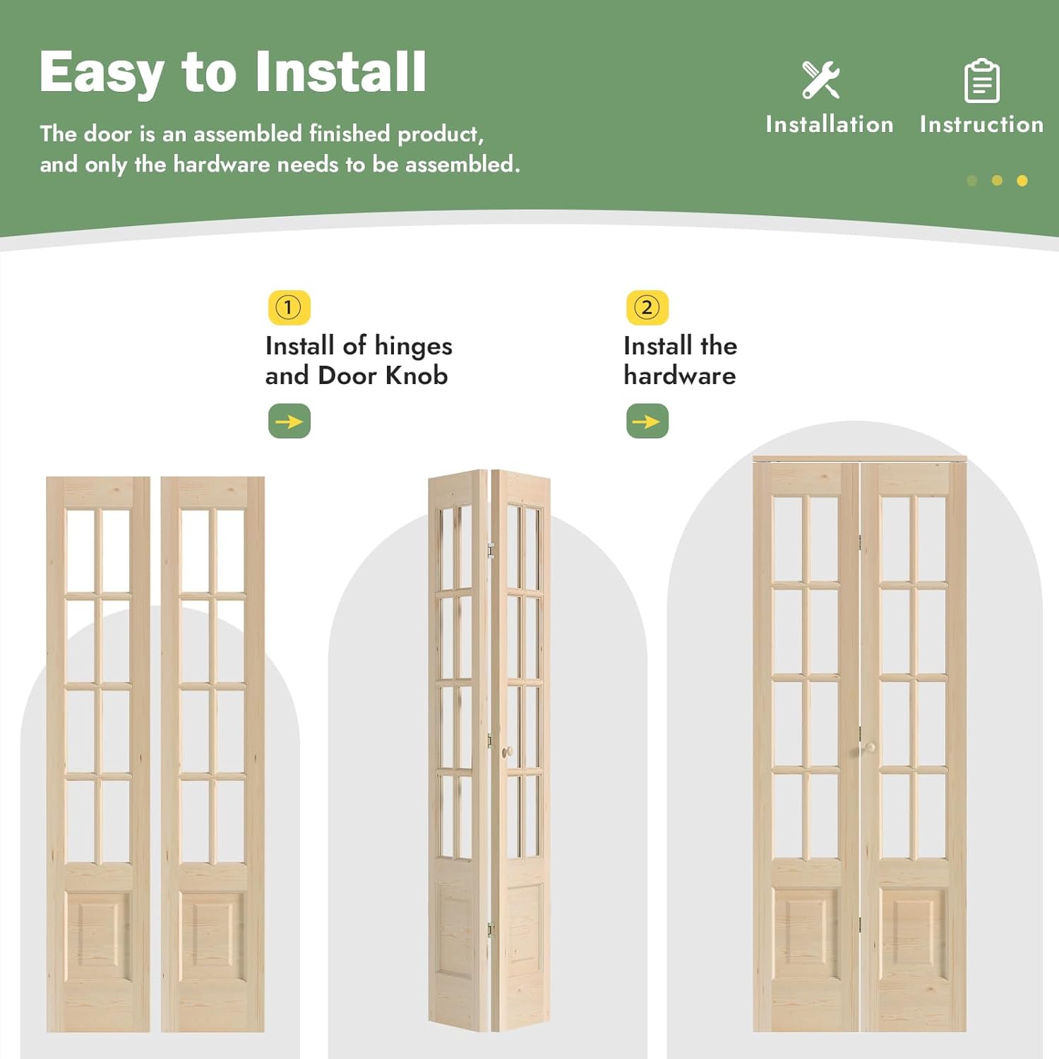 Bifold Doors for 42"×80"(Double 21inx80in) Opening, Clear Glass French Interior Folding Barn Door with Concealed Hardware Kit Included, Support DIY Dyeing, Preassembled Door, Save Space