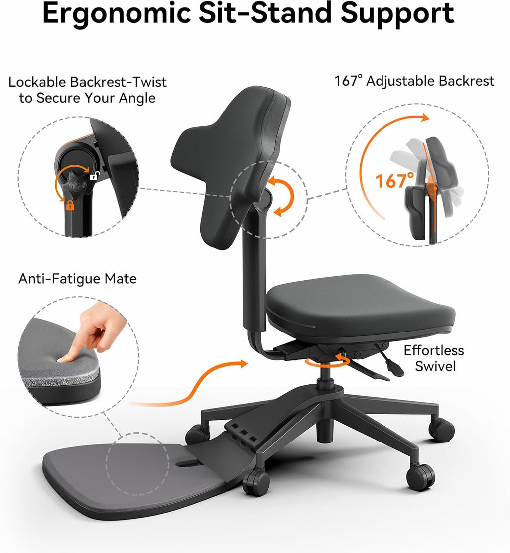 Newtral Standing Mate Chair, 6-in-1 Ergonomic Standing Desk Chair, Adjustable Sit Stand Lean Perch Saddle Stool with Flip Backrest, Dynamic Posture Support & Built-in Anti-Fatigue Design, MT-M-DG