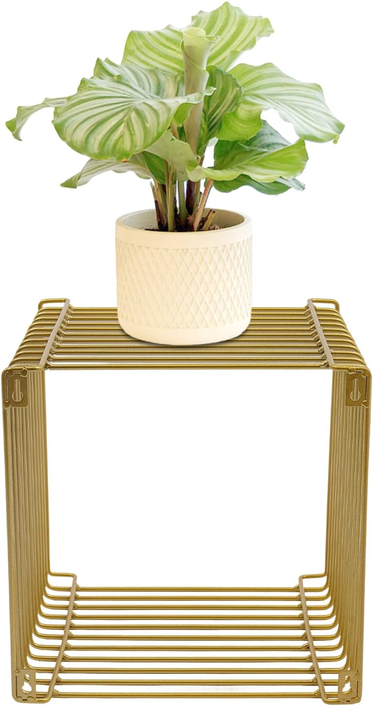 Square Geometry Retro Side Table Linear Metal End Table, Multi-Purpose Accent Table, Wire Cube Storage Rack for Living Room, Bedroom (Gold)