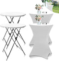 2Sets 32in Hightop Folding Cocktail Tables+Covers, White-Spandex Stretch Folding Bar Table Covers, Removable Legs Bar Height Folding Table Outdoor Indoor Use (2+2White/2Covers+2Tables)
