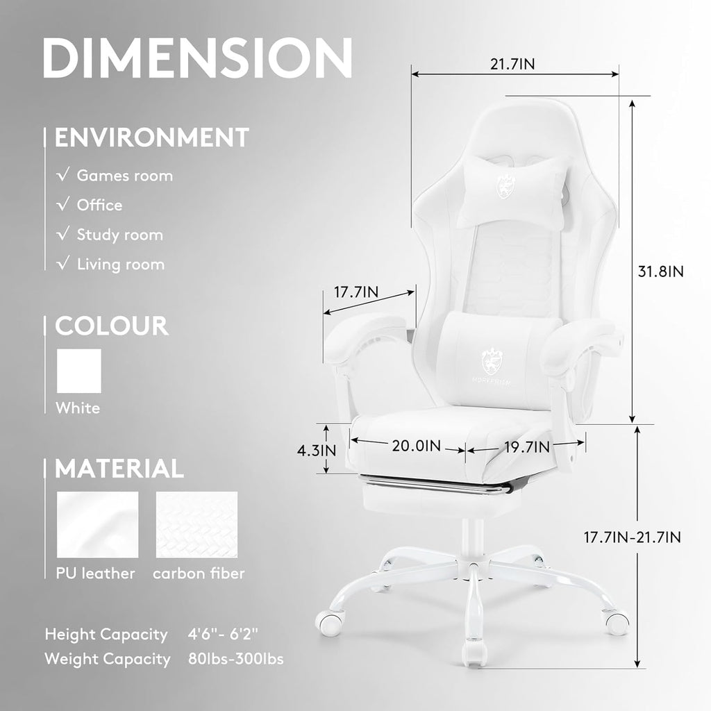White Gaming Chair,Computer Office Chair with Footrest,Massage Lumbar Support and Gel Pad,Ergonomic Reclining Adjustable Leather Gamer Chair with Headrest and Spring Cushion White