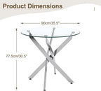 Round Glass Dining Table Set for 4, Modern Kitchen Table Chairs Set of 4, 35" Circle Glass Dinner Table with Silver Metal Legs, 4 Black Pu Leather Chairs, 5 Piece Dining Set for Small Space Apartment
