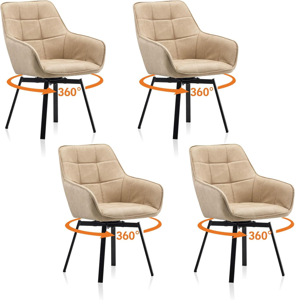 TUKAILAi Swivel Dining Chairs Set of 4, Faux Leather Dining Chairs with Arms & Metal Legs, Upholstered Mid Century Rotatable Kitchen Chairs for Living Room Bedroom Kitchen Restaurant (Cream)