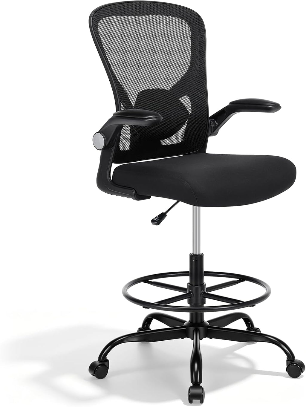 Drafting Chair, Tall Office Chair for Standing Desk, Mesh High Desk Chair with Flip-Up Armrests, Ergonomic Office Chair with Lumbar Support, Adjustable Footrest Ring Studio Chair, Black