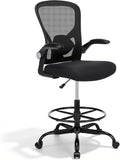 Drafting Chair, Tall Office Chair for Standing Desk, Mesh High Desk Chair with Flip-Up Armrests, Ergonomic Office Chair with Lumbar Support, Adjustable Footrest Ring Studio Chair, Black