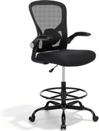 Drafting Chair, Tall Office Chair for Standing Desk, Mesh High Desk Chair with Flip-Up Armrests, Ergonomic Office Chair with Lumbar Support, Adjustable Footrest Ring Studio Chair, Black
