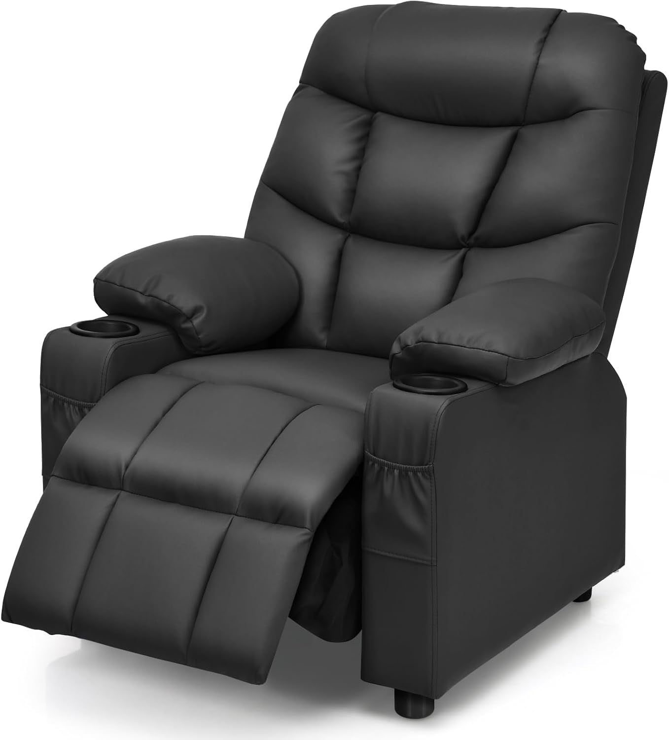 MAT EXPERT Kids Recliner, Leather Adjustable Reading Gaming Chair w/ 2 Cup Holder, 3 Side Pocket Storage & Footrest, Kids Couch Toddler Lounge Chair for Boys Girls, Kids Room Playroom Nursery (Black)
