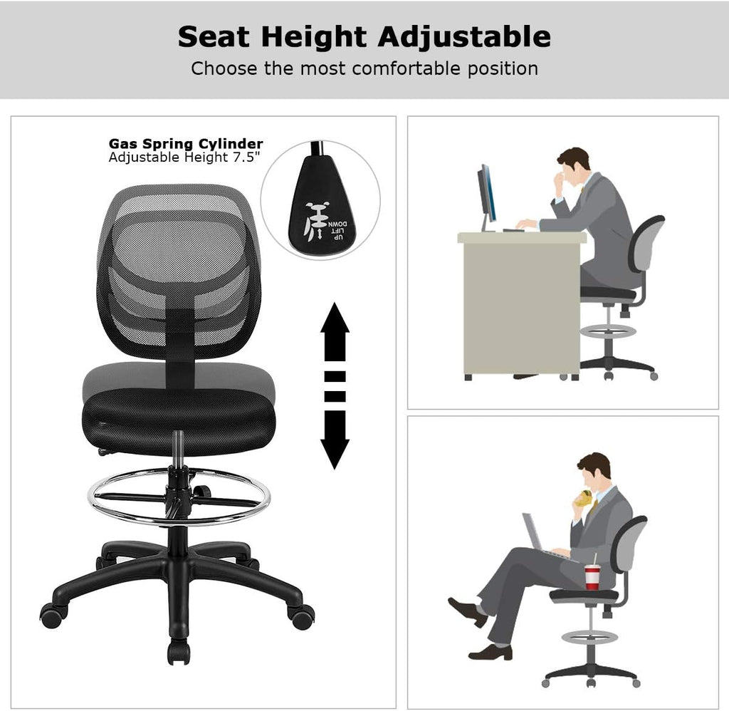 DORTALA Mesh Drafting Chair, St&ing Desk Chair w/Footrest Ring, Adjustable Height Chair Mid Back Tall Office Chair for Home Office, Black