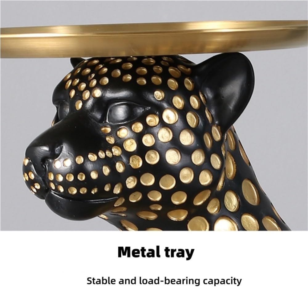 Leopard Statue Accent Table, Animal Side Table for Home, Cheetah Statue with Metal Tray, End Table Use in Living Rooms, Entryways and Bedroom(Black)