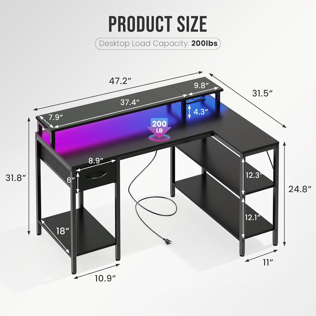 DUMOS 47" Gaming Desk with USB Charging Ports & LED Lights, Reversible L-Shaped Corner Computer Table for Small Spaces, Power Outlets, Monitor Stand & Storage Shelves Included, Black