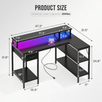 DUMOS 47" Gaming Desk with USB Charging Ports & LED Lights, Reversible L-Shaped Corner Computer Table for Small Spaces, Power Outlets, Monitor Stand & Storage Shelves Included, Black