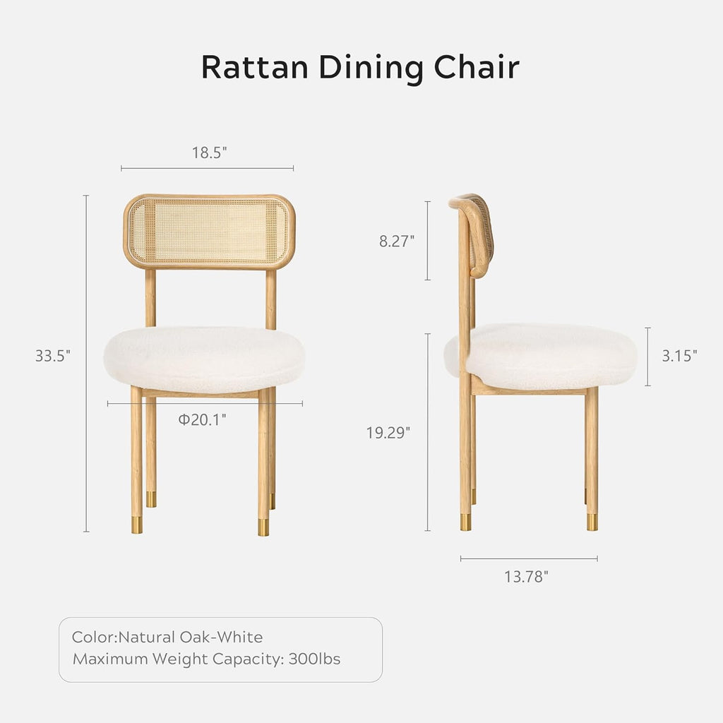 EYYTHUNG Rattan Wooden Dining Chair Set of 2 with Cane Curved Back, Farmhouse Upholstered Dining Room Chairs with Wood Legs, Boucle Armless Side Chair for Kitchen, Living Room, Natural Oak