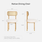 EYYTHUNG Rattan Wooden Dining Chair Set of 2 with Cane Curved Back, Farmhouse Upholstered Dining Room Chairs with Wood Legs, Boucle Armless Side Chair for Kitchen, Living Room, Natural Oak