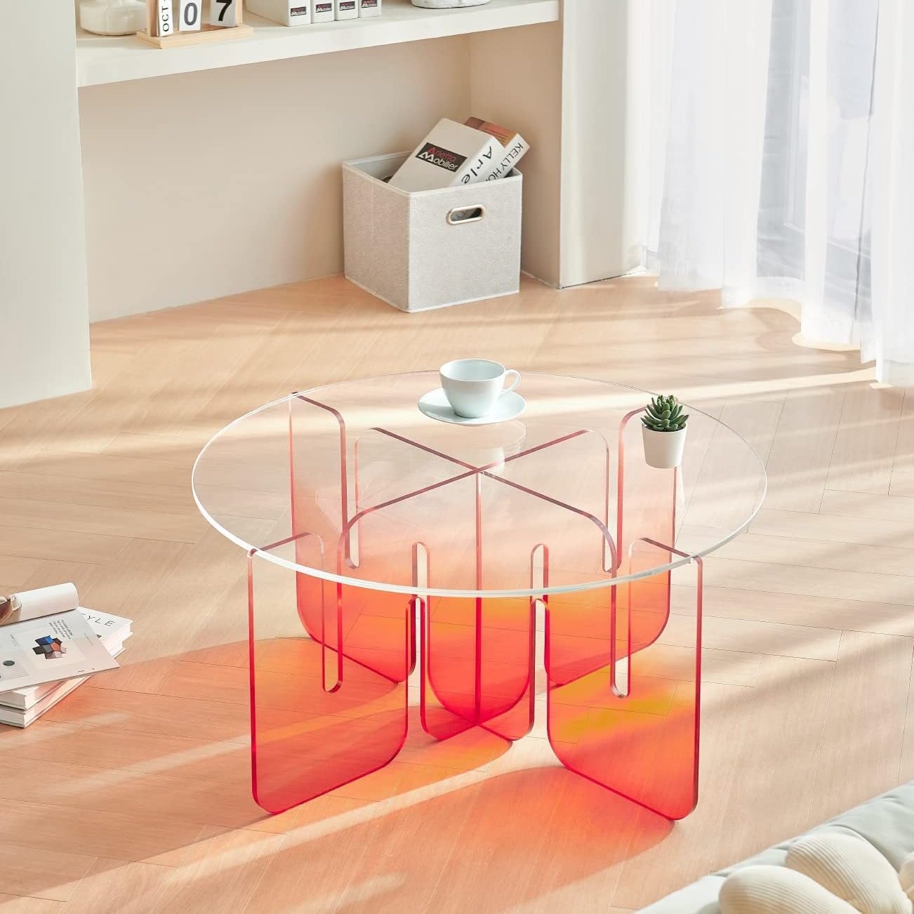 Acrylic Side Table, Clear Round Top Nightstand Easy Assembly, Transparent Bedside Table for Living Room, Bedroom, Small Spaces (Orange, 78.74x78.74x40.64cm)