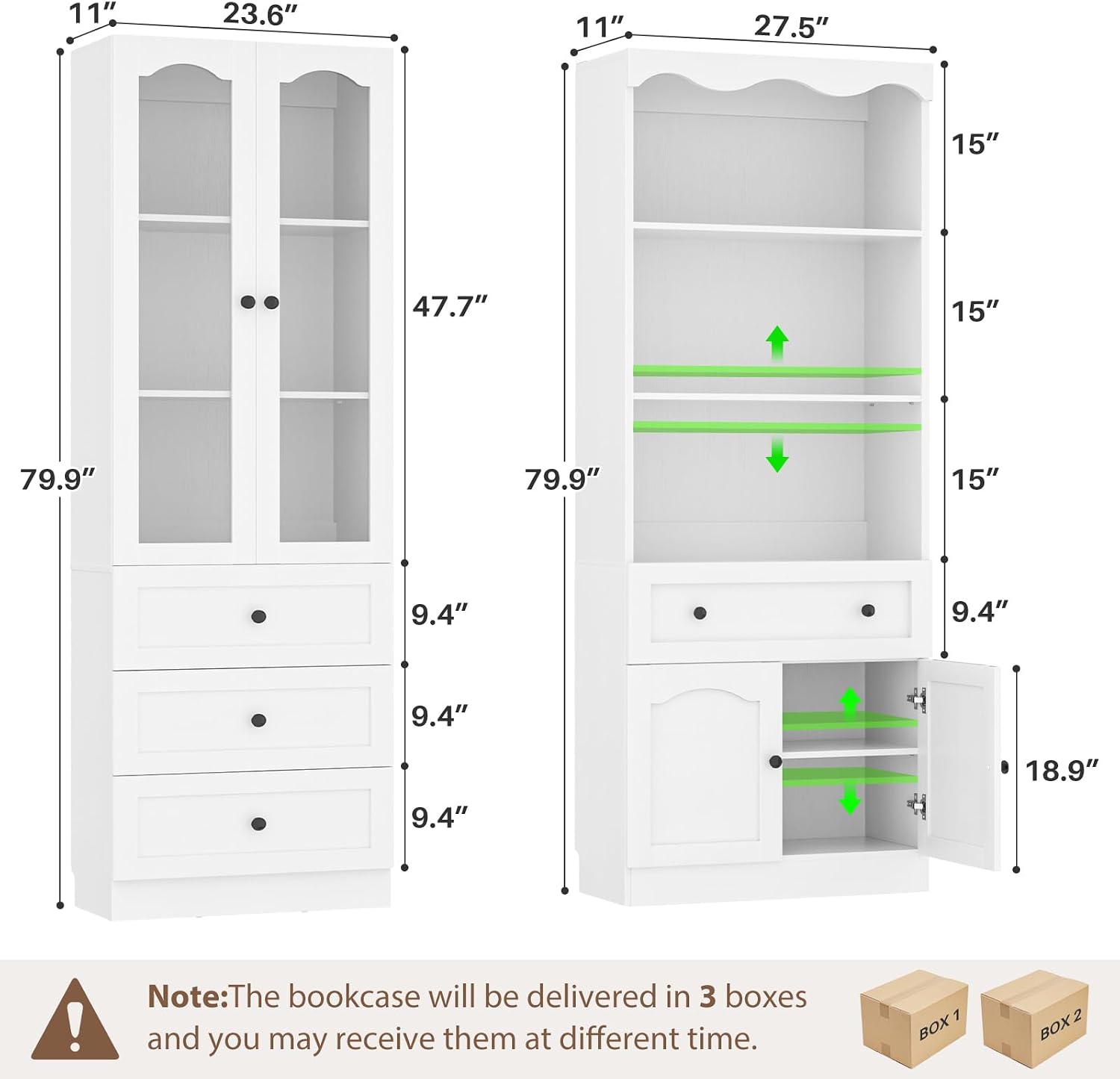 Cyclysio 3-Piece Pantry Cabinet Set, 80" Tall Kitchen Pantry Storage Cabinets with Glass Doors, Open Shelves, and 7 Drawers, White Wood Pantry Hutch Set for Kitchen, Dining Room, Living Room