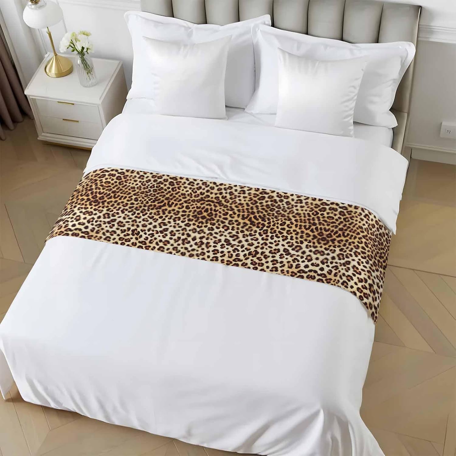 Farmhouse Brown Tan Leopard Print Bed Runners for Bedroom Hotel,Decorative Bedding Scarf Abstract Wild Animal Texture Bed End Blanket Bedding Runner Scarves for California King Size Beds,102x20in