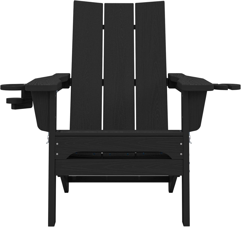 SERWALL Double Cups Adirondack Chair Set of 4, Folding Modern Adirondack Chairs, HDPE Outdoor Adirondack Chair for Patio, Black
