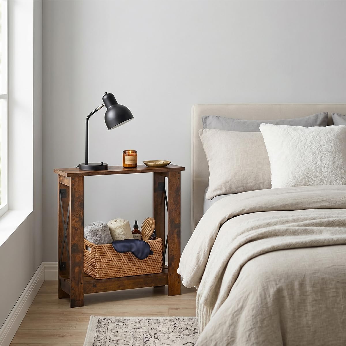 Slim Side Table, 6.6 Inch Ultra Narrow End Table with 2 Tier Storage, X-Frame Small Accent Table for Small Spaces, Gap Solution for Couch, Sofa and Living Room, Rustic Brown