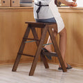 Household Solid Wood Folding Ladder Folding Chair Thickened Climbing Wooden Step Stool (Walnut Color)