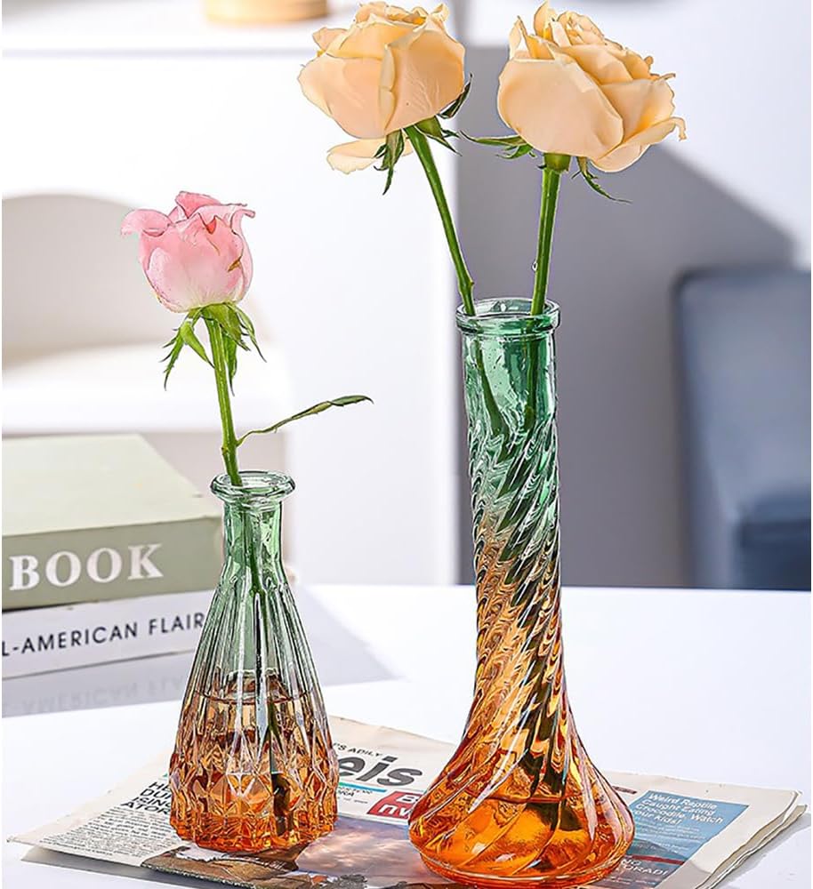 Glass Bud Vases Set of 5, Decorative Glass Bottles, Retro Gradient Color | Mini Vases for Tabletop Centrepiece Decor, Wedding Party Reception, Home Dining, Cafe, Restaurant(Orange to Green)