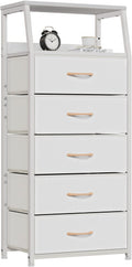 Furnulem White Tall Dresser for Bedroom, 5 Fabric Bins Tall Nightstand | Dorm Dresser, Vertical Storage for Closet, Chest of Drawer for Entryway, Nightstand Bedside Table, Metal Frame,Wood Top