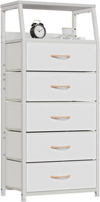 Furnulem White Tall Dresser for Bedroom, 5 Fabric Bins Tall Nightstand | Dorm Dresser, Vertical Storage for Closet, Chest of Drawer for Entryway, Nightstand Bedside Table, Metal Frame,Wood Top