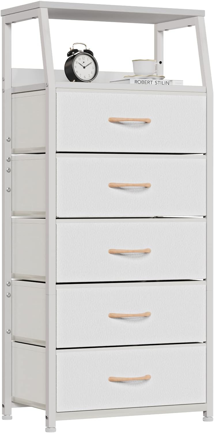 Furnulem White Tall Dresser for Bedroom, 5 Fabric Bins Tall Nightstand | Dorm Dresser, Vertical Storage for Closet, Chest of Drawer for Entryway, Nightstand Bedside Table, Metal Frame,Wood Top